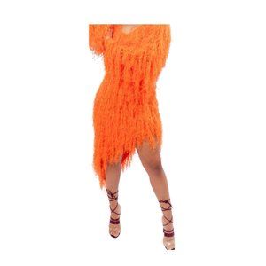 Asymmetrical dainty shaggy dress long sleeve low cut cocktail party club event